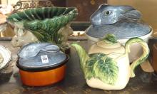 POTTERY CASSEROLES, TEAPOT AND CENTREPIECE