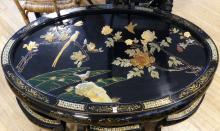 CHINESE LACQUER TEA TABLE AND STOOLS