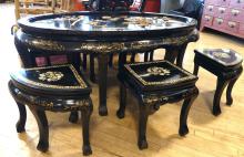 CHINESE LACQUER TEA TABLE AND STOOLS