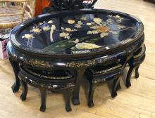 CHINESE LACQUER TEA TABLE AND STOOLS