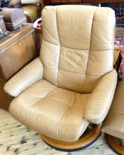 STRESSLESS LEATHER RECLINER AND FOOTSTOOL