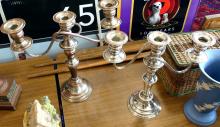 THREE SILVER PLATE CANDELABRA