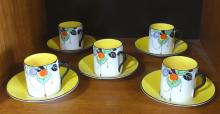 FIVE SHELLEY DEMITASSE CUPS AND SAUCERS