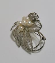 STERLING AND PEARL BROOCH