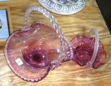 TWO CRANBERRY GLASS BASKETS