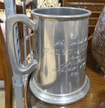 MILITARY WATER PITCHER, TWO TANKARDS AND TEA CADDY