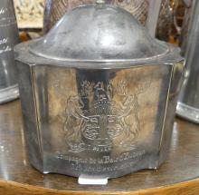 MILITARY WATER PITCHER, TWO TANKARDS AND TEA CADDY