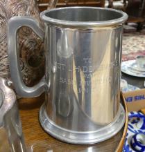 MILITARY WATER PITCHER, TWO TANKARDS AND TEA CADDY