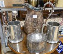 MILITARY WATER PITCHER, TWO TANKARDS AND TEA CADDY