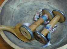 DOUGH BOWL, BUTTER PAT AND SEWING SPOOLS