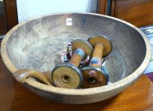 DOUGH BOWL, BUTTER PAT AND SEWING SPOOLS