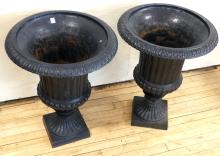 PAIR OF CAST IRON GARDEN URNS