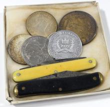 COINS, CURRENCY AND POCKET KNIVES