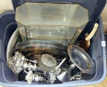 BIN OF SILVER PLATE, ETC.