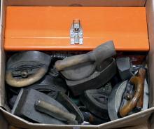 TWO  BOX LOTS OF SAD IRONS AND HARDWARE