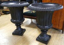 PAIR OF CAST IRON GARDEN URNS