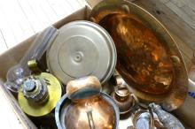 BOX LOT OF COPPER KETTLES, ETC.