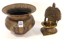 ASIAN BRASS OIL LAMP, COPPER BOWL