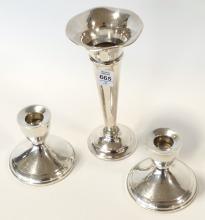 STERLING CANDLEHOLDERS AND VASE