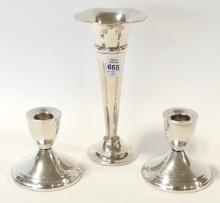 STERLING CANDLEHOLDERS AND VASE