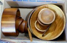 BOX LOT OF WOODEN BOWLS, ETC.