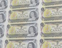 FRAMED UNCUT SHEET OF CANADIAN $1 BILLS