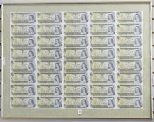 FRAMED UNCUT SHEET OF CANADIAN $1 BILLS