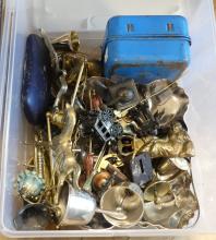 TWO BINS OF METALWARE, ETC.