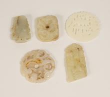 5 CHINESE CARVED JADE PENDANTS