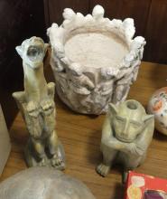 THREE CONCRETE GARGOYLE SCULPTURES AND PLANTER