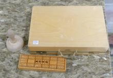 STAMPS, CRIBBAGE BOARD AND BUTTER PRESS