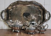 SILVERPLATED TEA SET ON TRAY