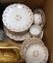 BOX LOT OF DISHES, DECANTERS, ETC.