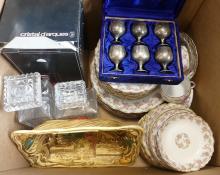 BOX LOT OF DISHES, DECANTERS, ETC.