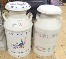 TWO PAINTED MILK CANS