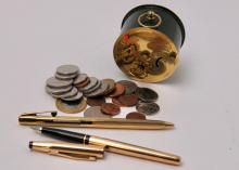 PENS, CLOCKS AND COINS