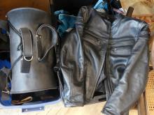 TWO BINS OF MOTORCYCLE CLOTHING, ETC.