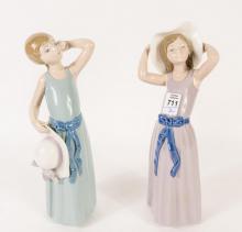 TWO LLADRO "GIRL WITH HAT" FIGURINES