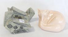 PAIR OF POTTERY SHAKERS AND FIGURINE