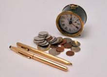 PENS, CLOCKS AND COINS