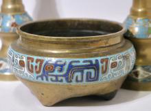 CLOISONNE BOWL AND CANDLESTICKS