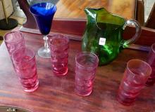 COLOURED GLASS TUMBLERS, GOBLETS AND PITCHER