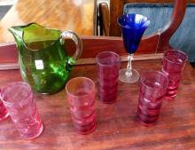 COLOURED GLASS TUMBLERS, GOBLETS AND PITCHER