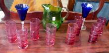 COLOURED GLASS TUMBLERS, GOBLETS AND PITCHER