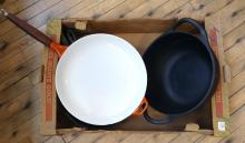 FOUR CAST IRON FRYING PANS AND POT