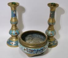 CLOISONNE BOWL AND CANDLESTICKS