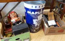 TWO BOX LOTS OF COLLECTIBLES AND WASTE BIN