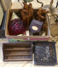 BOX LOT OF WOODEN ITEMS AND LIGHT FIXTURE