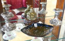 FIGURINE, CANDLEHOLDERS AND BOWL