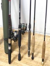 FIVE FISHING RODS AND TWO CASES